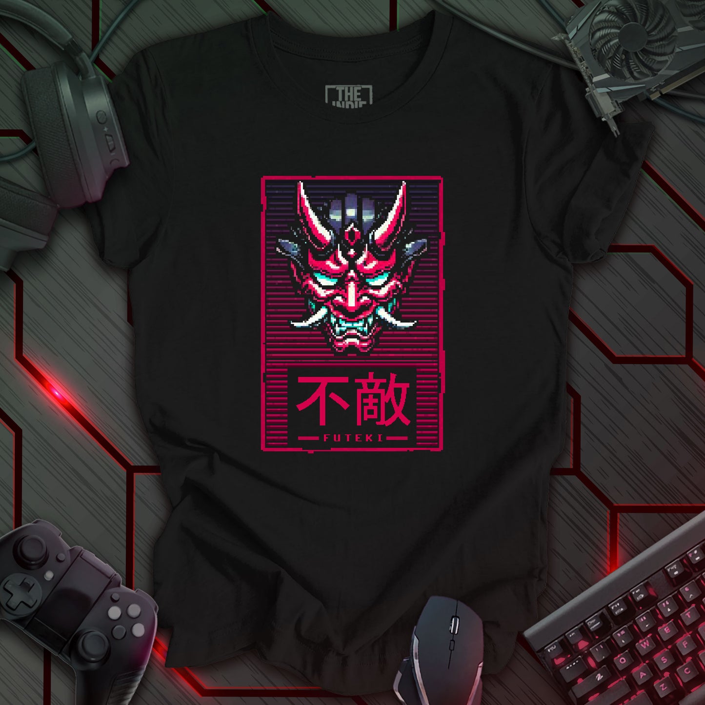 Pixel art illustration of a Cyber Oni mask with red, cyan, black, and white details, featuring prominent horns and a determined expression. The mask is set against a black background with a red and purple grid pattern. Below the mask, enclosed in a red rectangle, are the Japanese characters '不敵' (Futeki), meaning 'Unfazed'. Retro 8-bit style graphic with a cyberpunk theme.