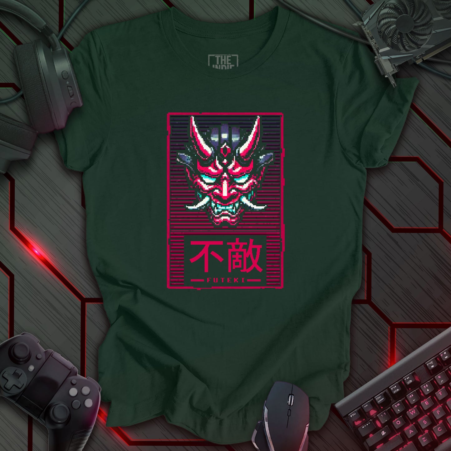 Pixel art illustration of a Cyber Oni mask with red, cyan, black, and white details, featuring prominent horns and a determined expression. The mask is set against a forest green background with a red and purple grid pattern. Below the mask, enclosed in a red rectangle, are the Japanese characters '不敵' (Futeki), meaning 'Unfazed'. Retro 8-bit style graphic with a cyberpunk theme.