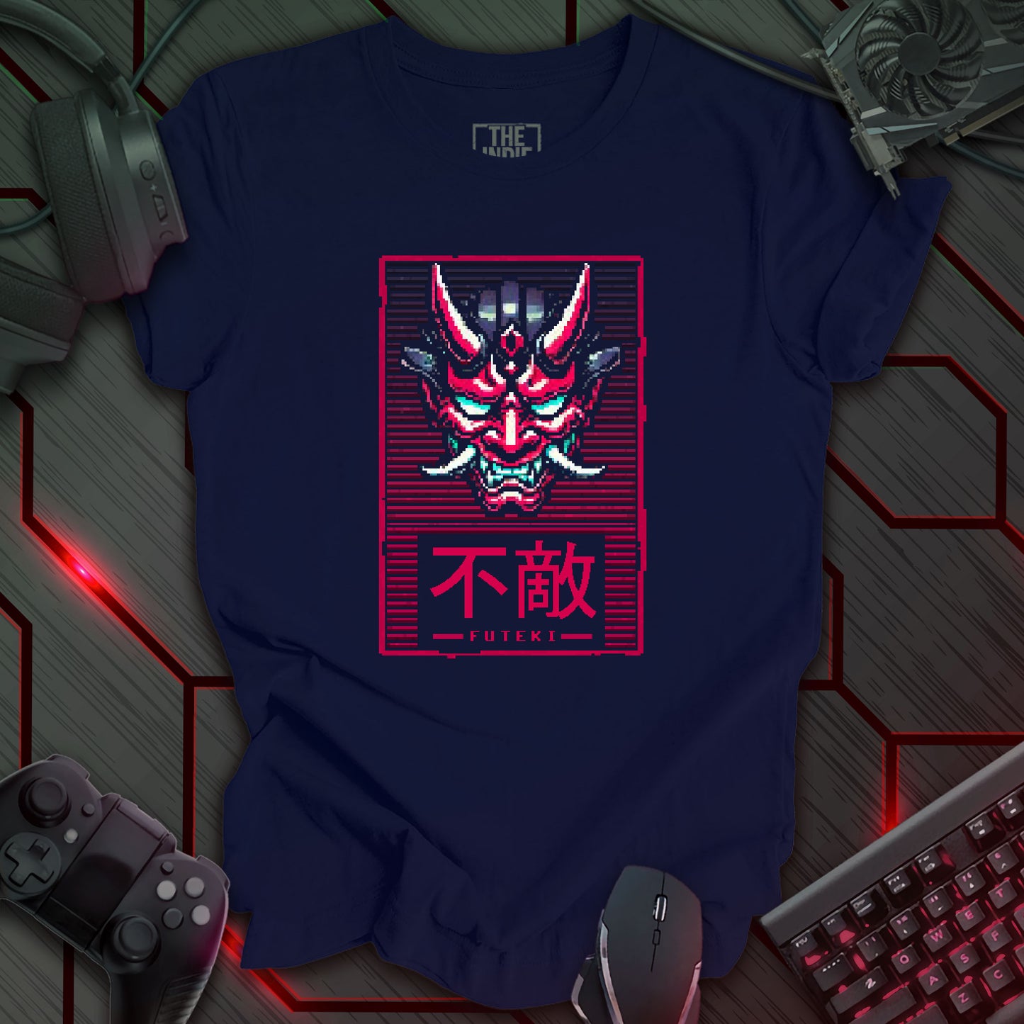Pixel art illustration of a Cyber Oni mask with red, cyan, black, and white details, featuring prominent horns and a determined expression. The mask is set against a navy background with a red and purple grid pattern. Below the mask, enclosed in a red rectangle, are the Japanese characters '不敵' (Futeki), meaning 'Unfazed'. Retro 8-bit style graphic with a cyberpunk theme.