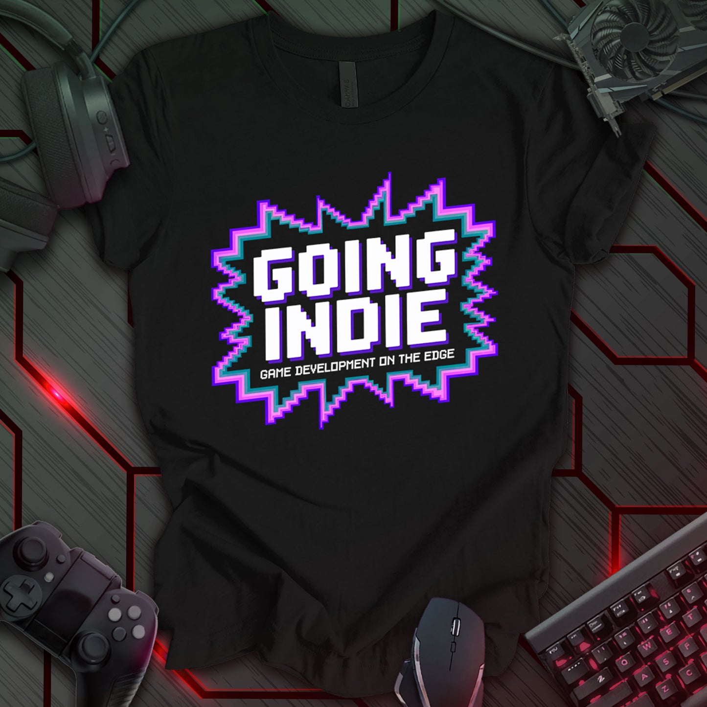 This t-shirt design, created for indie game developers, features the phrase 'GOING INDIE' in stylized, pixelated text with a jagged, colorful outline, and the tagline 'GAME DEVELOPMENT ON THE EDGE' below. It's a bold design targeting those passionate about independent game creation.