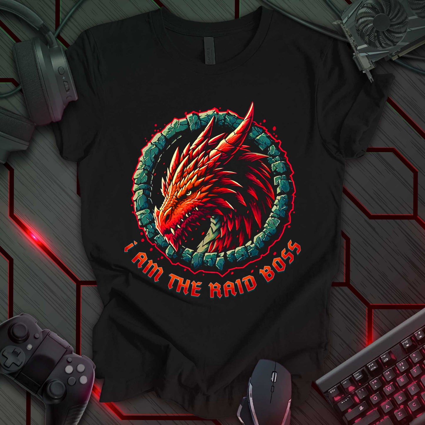 Black gaming t-shirt featuring a fierce red dragon portrait with sharp scales and piercing eyes. The dragon is framed within a rugged stone circle with a fiery glow. Below the design, bold medieval fantasy text reads 'I am the raid boss,' making it perfect for RPG and MMO gamers who want to show their dominance.