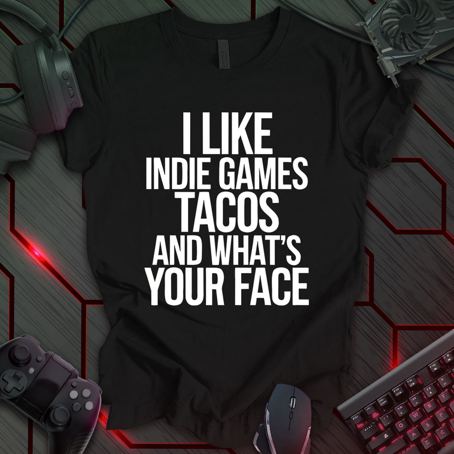 Graphic design featuring the phrase 'I LIKE' in a bold, slightly distressed font at the top, followed by 'INDIE GAMES', 'TACOS', and 'AND WHAT'S YOUR FACE' each on separate lines in the same bold, distressed font. All text is white against a black background. This is a humorous design with an indie gaming and food theme, featuring a playful and quirky sentiment.