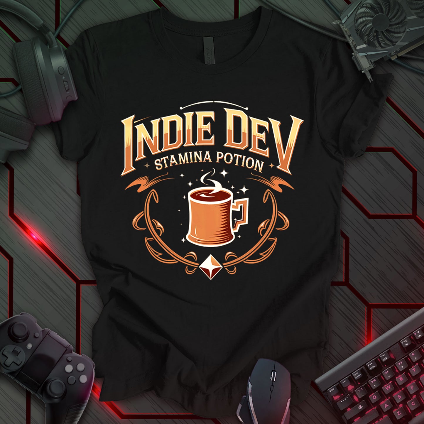 This t-shirt design, created for indie game developers, features the text 'Indie Dev' in an ornate, stylized font above the phrase 'STAMINA POTION'. A brown coffee mug with steam is centered in the design, surrounded by decorative swirls and a diamond shape. This design humorously references the essential role of coffee in fueling independent game development.