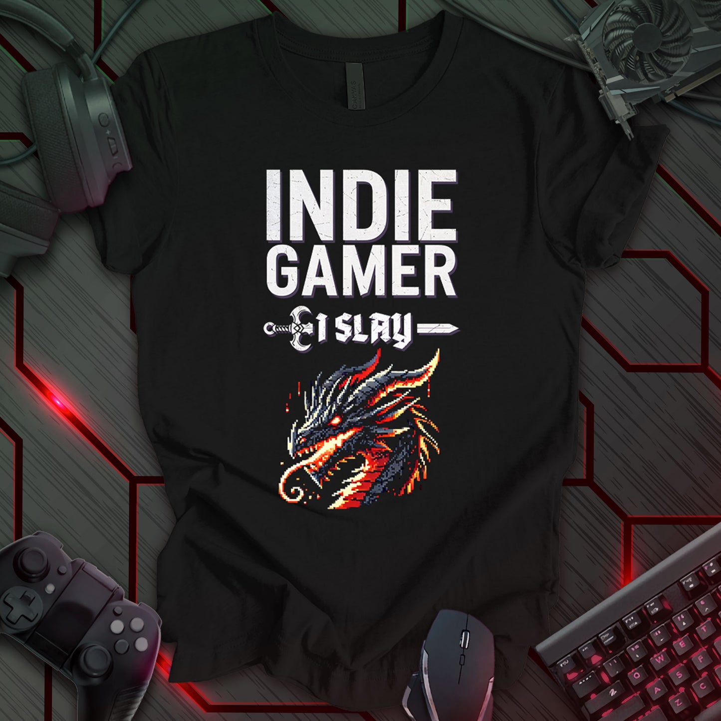 This t-shirt design, created for indie gamers, features the text 'INDIE GAMER' in a bold, distressed font at the top. Below, a pixel art dragon head with fiery breath is displayed, with the phrase 'I SLAY' between two decorative sword-like lines. This design appeals to gamers who enjoy fantasy themes and the challenge of independent games.