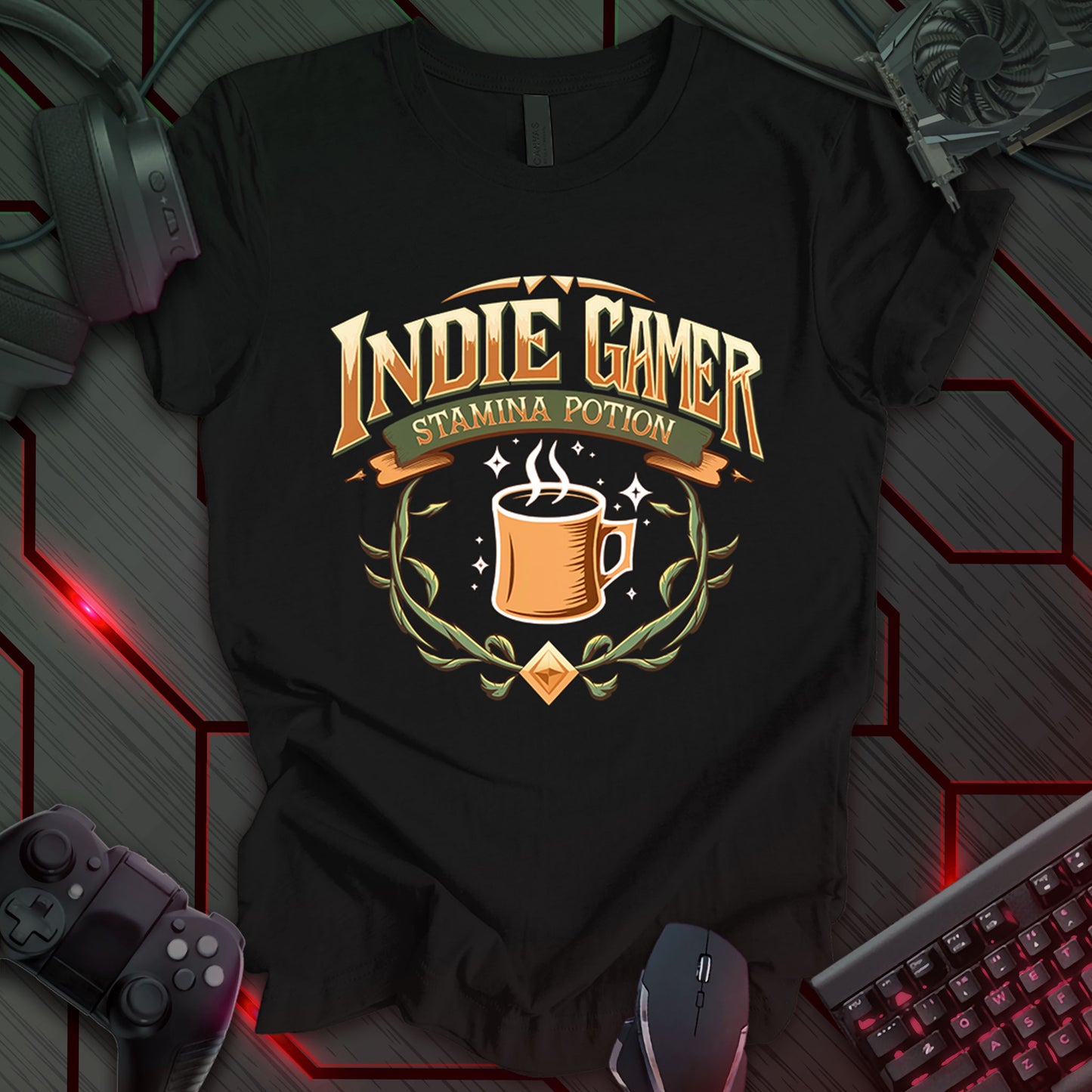 This t-shirt design, created for indie gamers, features the text 'INDIE GAMER' in a bold, stylized font above the phrase 'STAMINA POTION'. A steaming coffee mug is centered in the design, surrounded by decorative swirls and a diamond shape. This design humorously references the essential role of coffee in fueling extended indie gaming sessions.