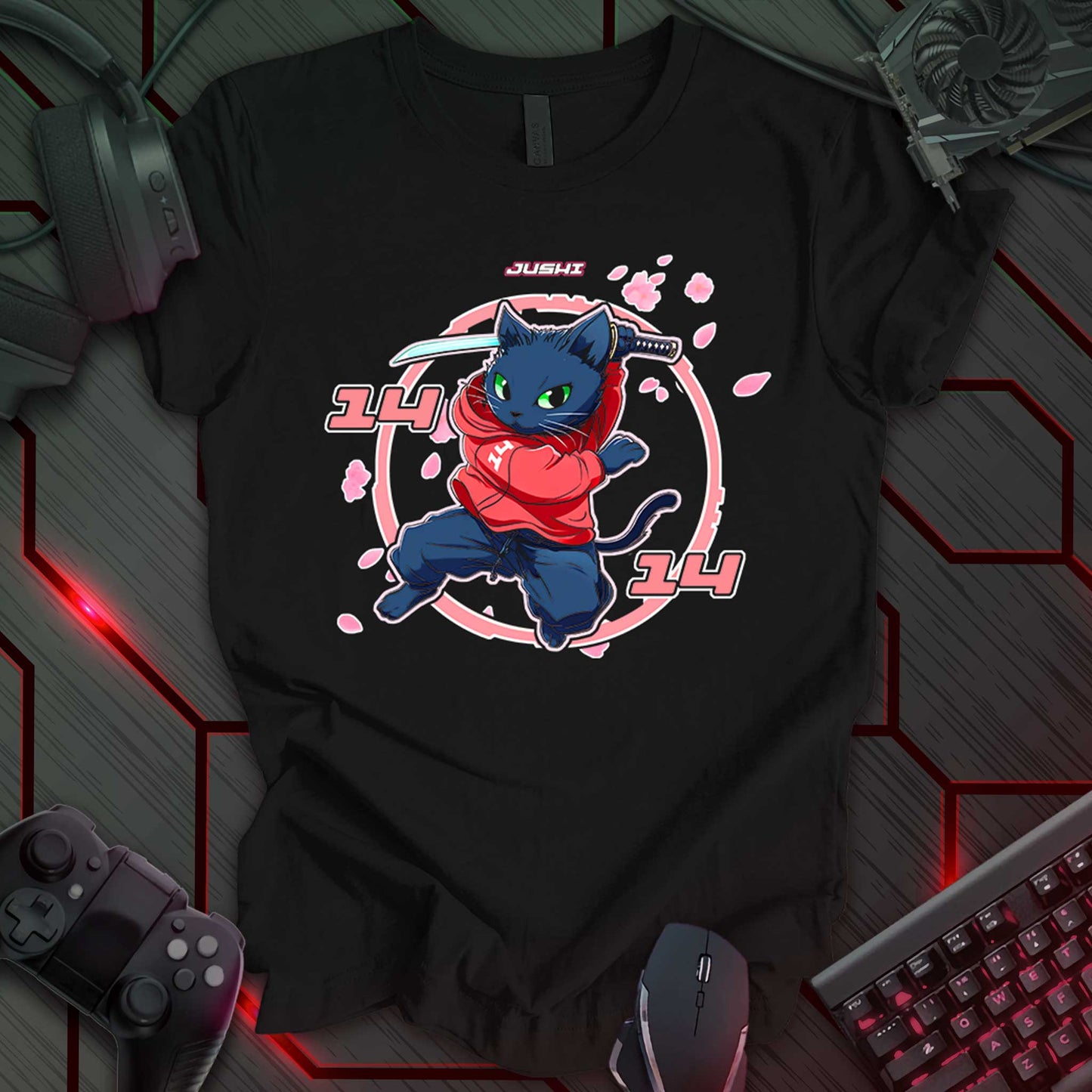 Illustration of a dark gray cat wearing a red hooded sweatshirt and dark gray pants, holding a light blue sword with a diamond-patterned hilt. The cat has bright green eyes and is posed in a dynamic stance against a black background. The numbers '14' are displayed in a stylized font on the cat's sweatshirt and twice on the background, once on each side of a red circle. Pink flower petal shapes are scattered around the circle. The word 'JUSHI' is written in white letters in a sans-serif font.