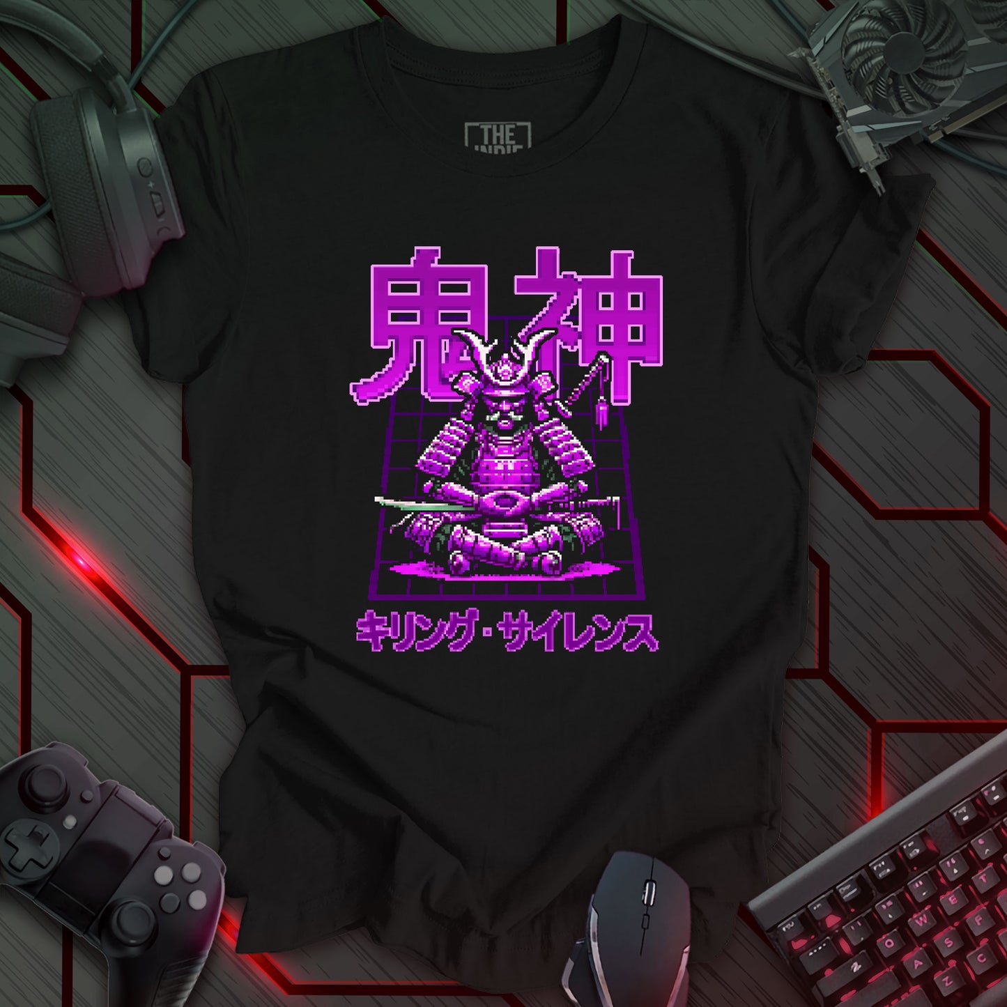 Pixel art illustration of a Cyber Samurai Warrior Boss, colored in shades of purple and white, in a seated meditative pose, against a black background with a purple grid pattern. Above the samurai are the Japanese characters '鬼神' (Kishin), meaning 'Demon God'. Below the samurai is the tagline 'キリング・サイレンス' (Kiringu Sairensu), meaning 'Killing Silence', in Japanese Katakana. Retro 8-bit style graphic with a cyberpunk theme.