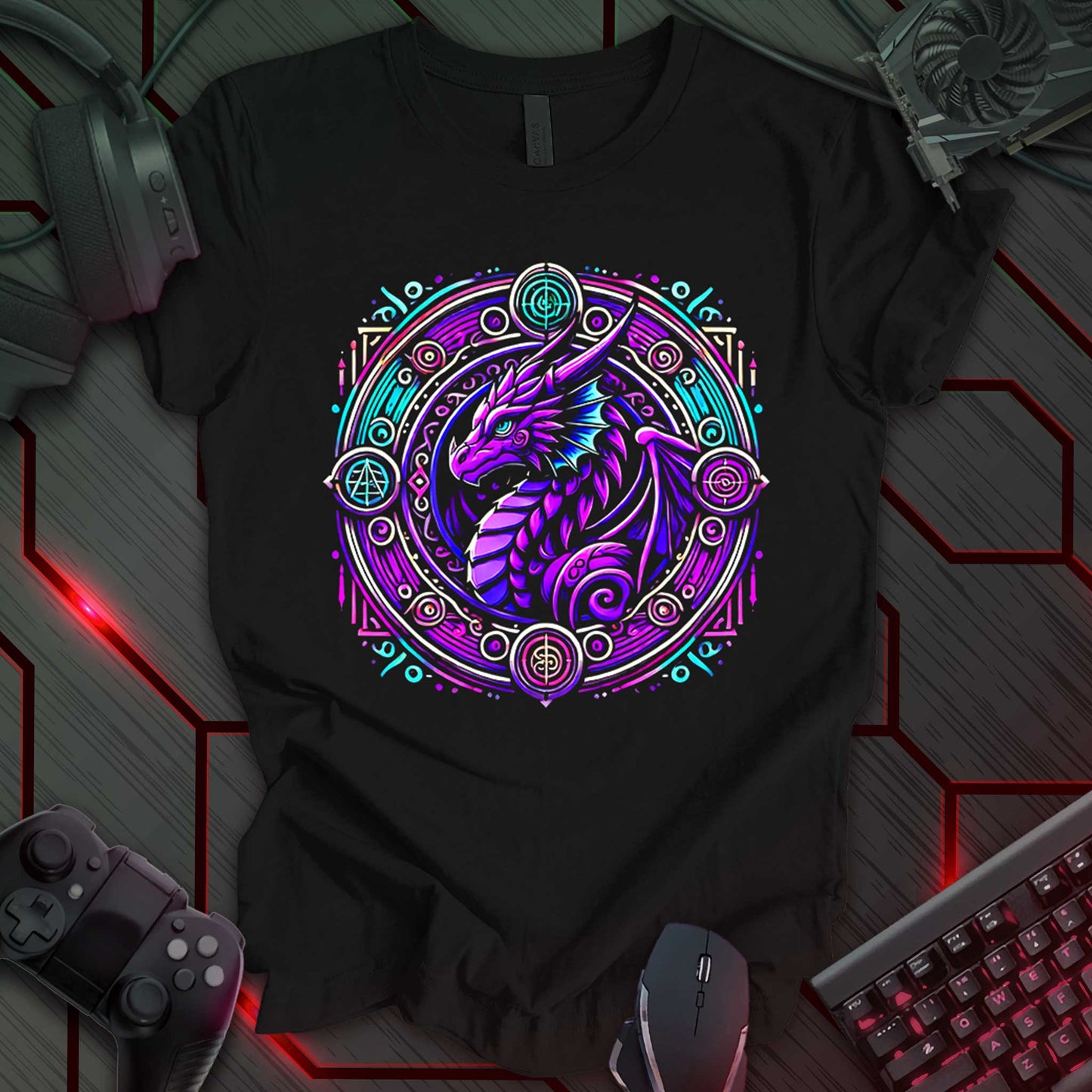 Black gaming t-shirt featuring a vibrant blue and purple dragon with intricate detailing. The dragon is framed within a circular design filled with magical symbols and arcane patterns. A perfect fantasy-inspired design for RPG and dragon lore enthusiasts.