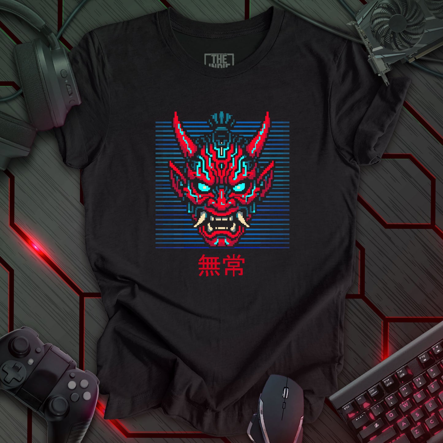 Blue and red cyber oni pixel art mask with glowing eyes – retro gaming black heather t-shirt with Japanese kanji for impermanence.