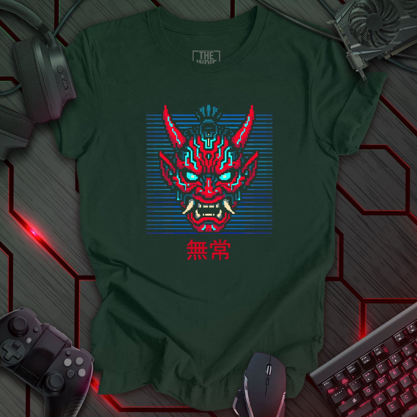 Blue and red cyber oni pixel art mask with glowing eyes – retro gaming forest green t-shirt with Japanese kanji for impermanence