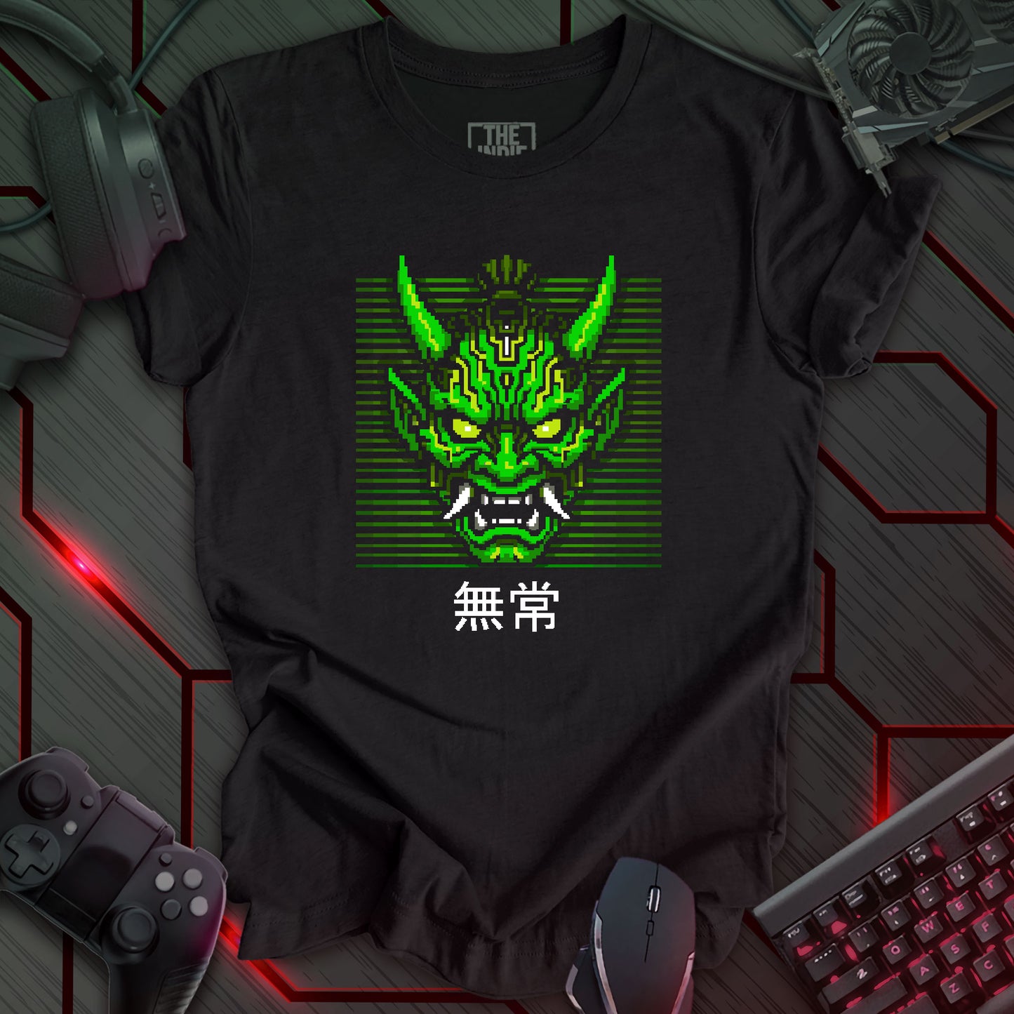 Green and white pixel art cyber oni mask with glowing eyes – retro gaming black heather t-shirt featuring Japanese kanji for impermanence