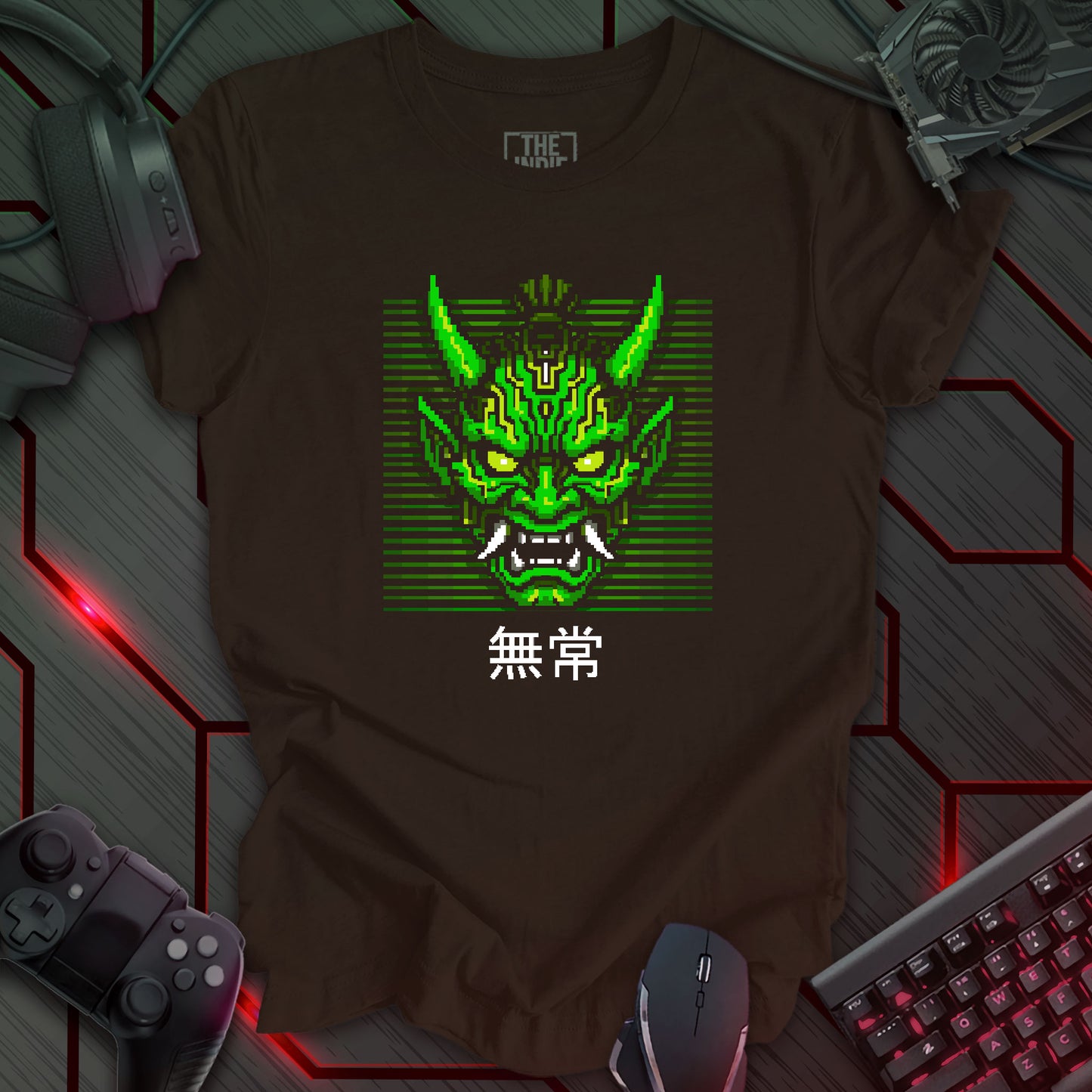Green and white pixel art cyber oni mask with glowing eyes – retro gaming brown t-shirt featuring Japanese kanji for impermanence