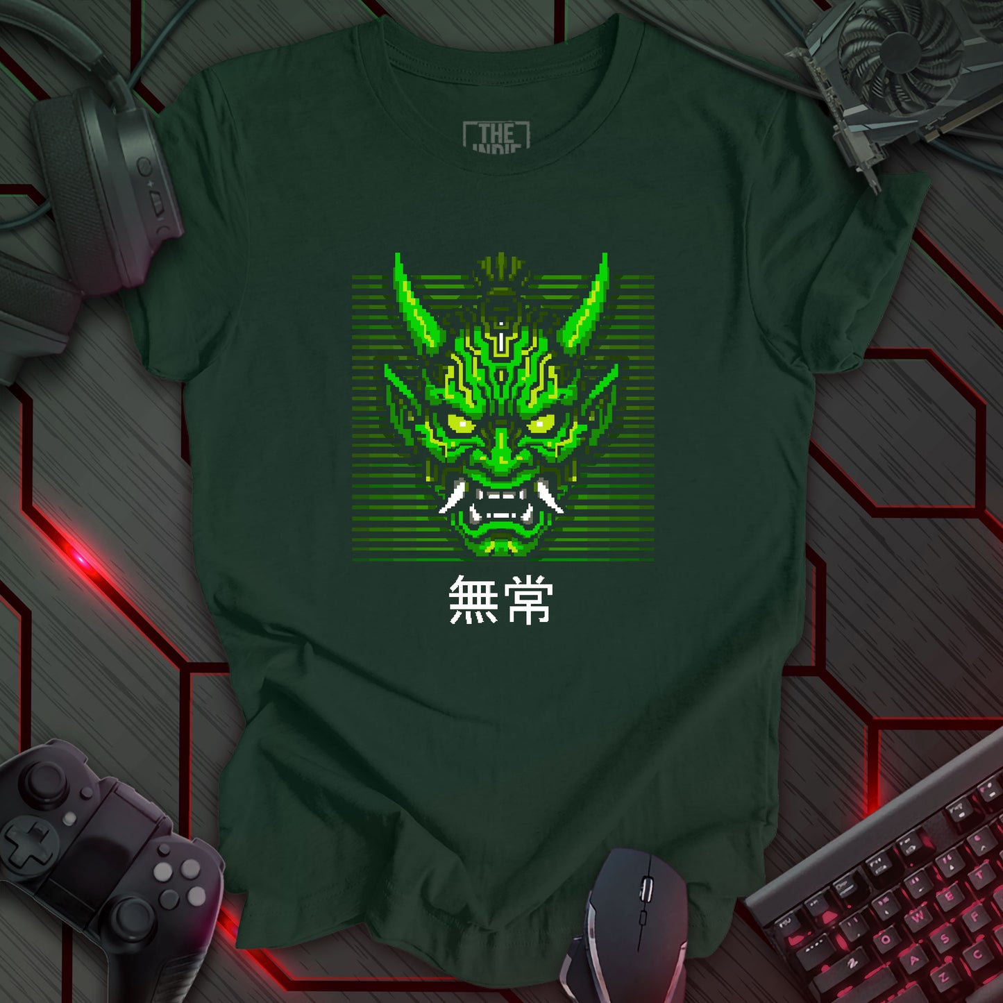 Green and white pixel art cyber oni mask with glowing eyes – retro gaming forest green t-shirt featuring Japanese kanji for impermanence