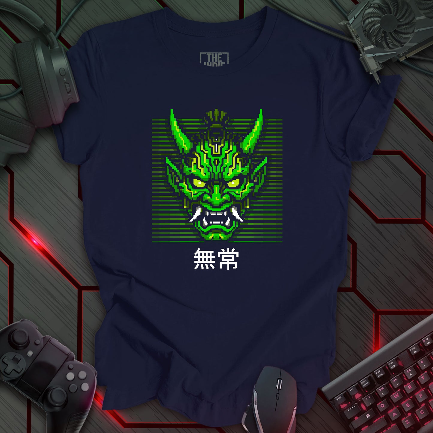 Green and white pixel art cyber oni mask with glowing eyes – retro gaming navy color t-shirt featuring Japanese kanji for impermanence
