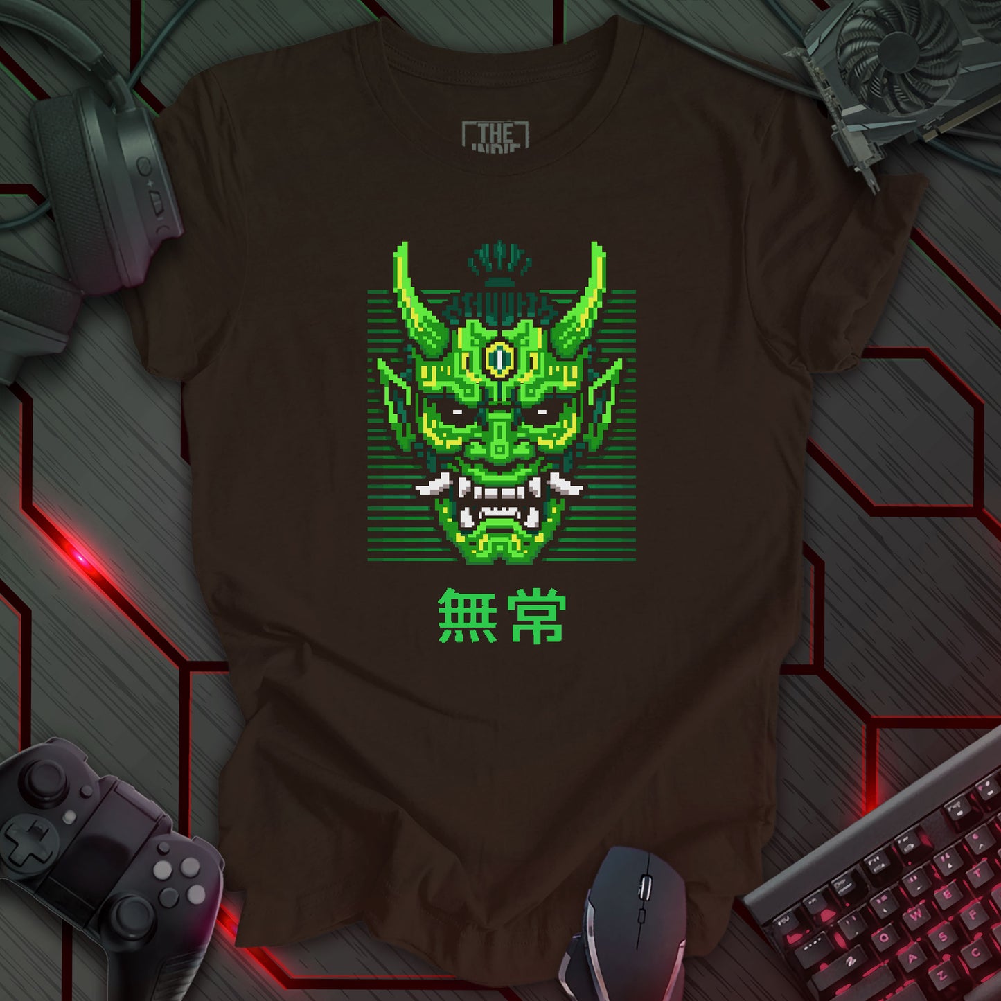 Green and yellow cyber oni pixel art mask with glowing eyes – retro gaming brown t-shirt with Japanese kanji for impermanence