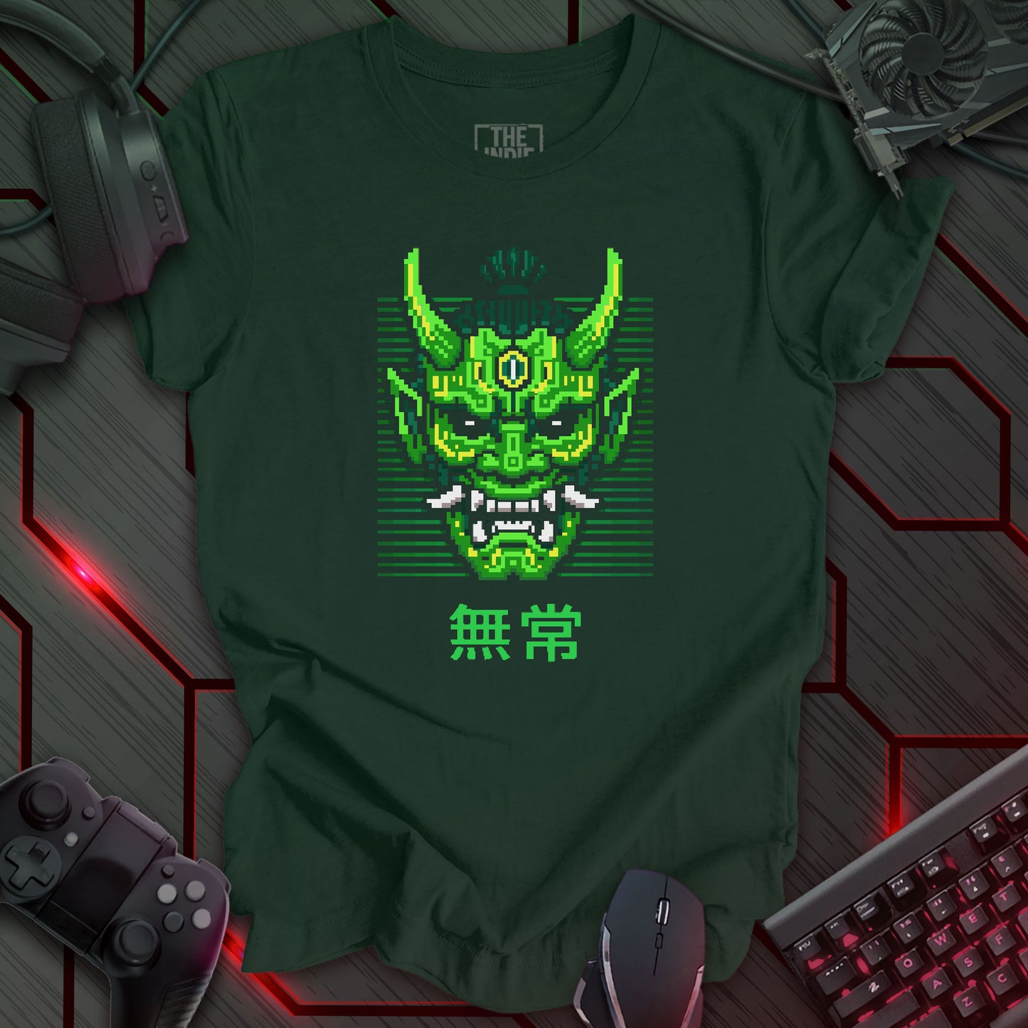 Green and yellow cyber oni pixel art mask with glowing eyes – retro gaming forest green t-shirt with Japanese kanji for impermanence