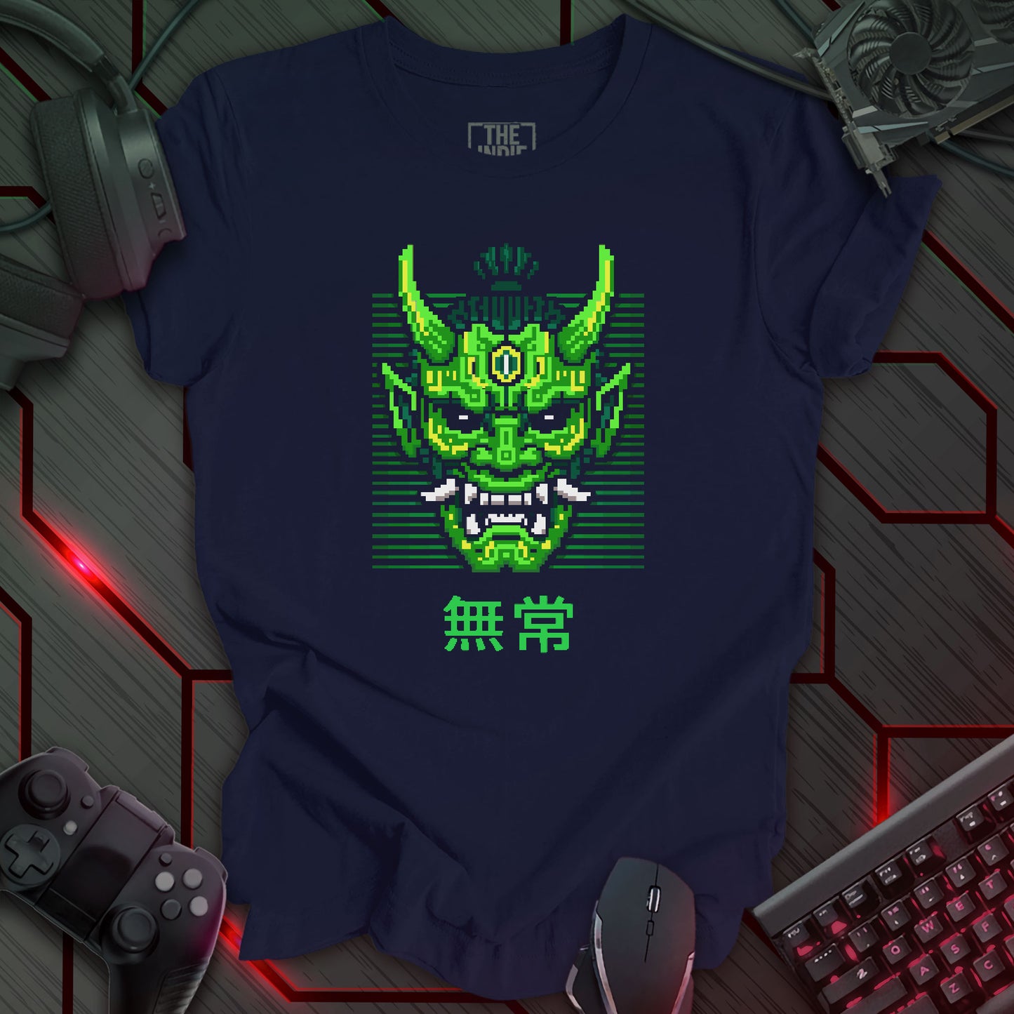 Green and yellow cyber oni pixel art mask with glowing eyes – retro gaming navy color t-shirt with Japanese kanji for impermanence