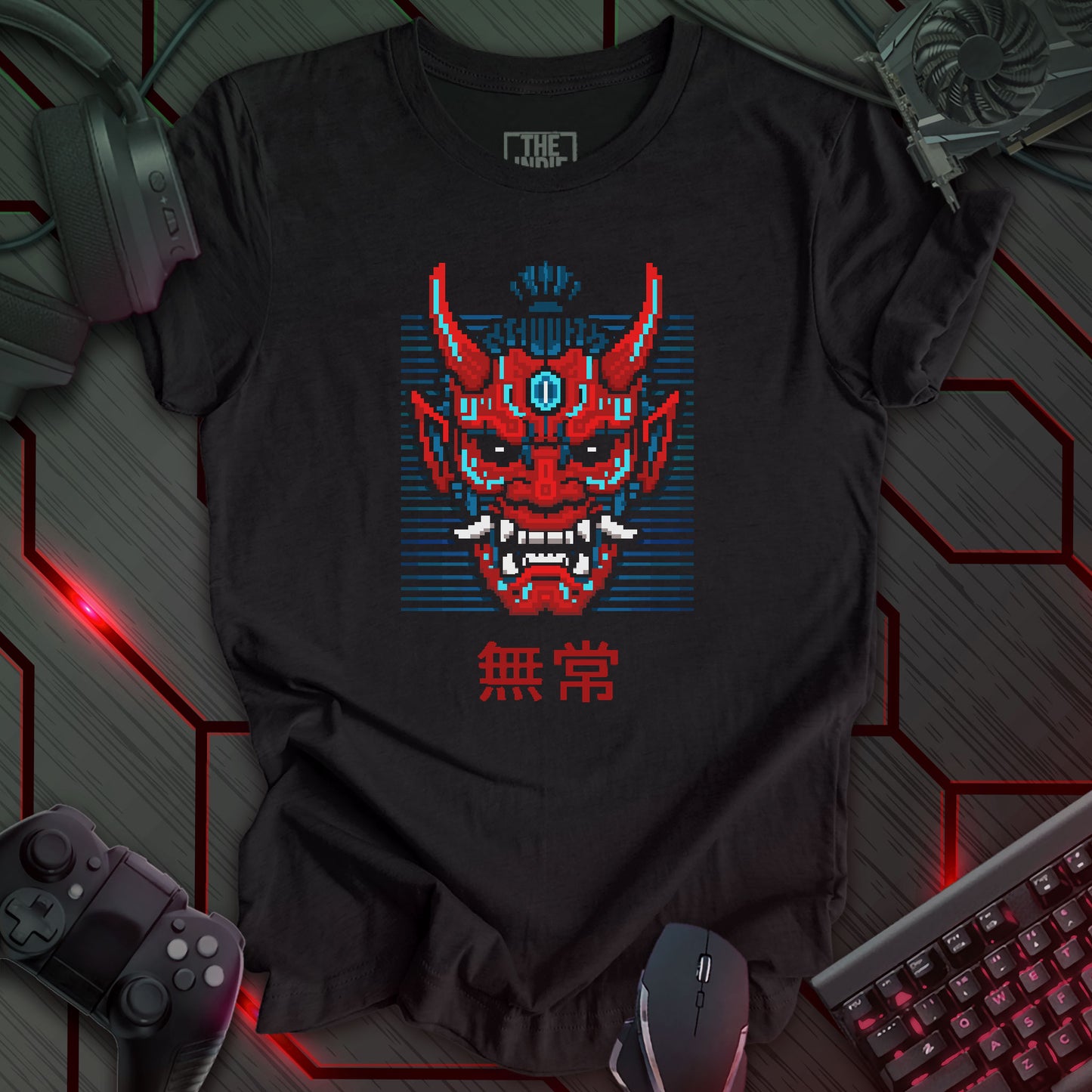 Red and blue cyber oni mask pixel art with glowing eyes – retro gaming black heather t-shirt design inspired by glitch and impermanence