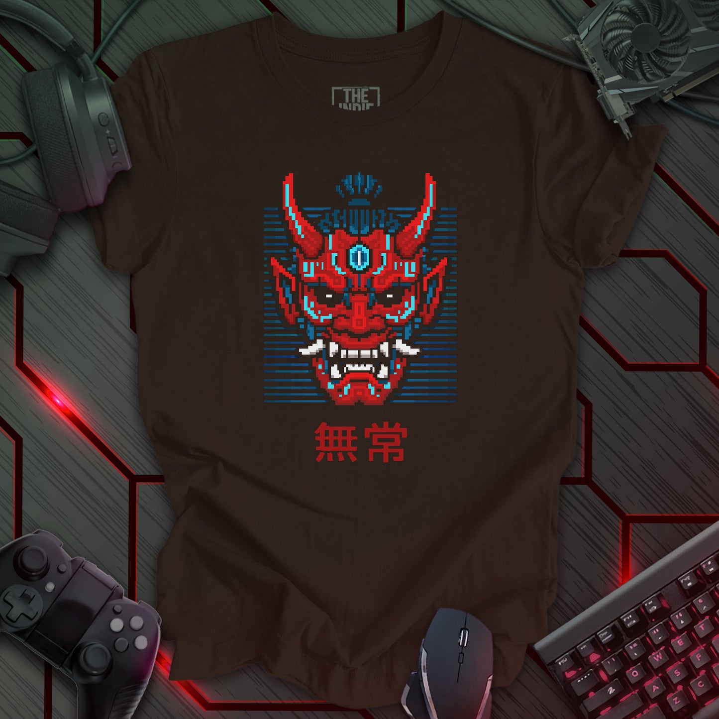 Red and blue cyber oni mask pixel art with glowing eyes – retro gaming brown t-shirt design inspired by glitch and impermanence