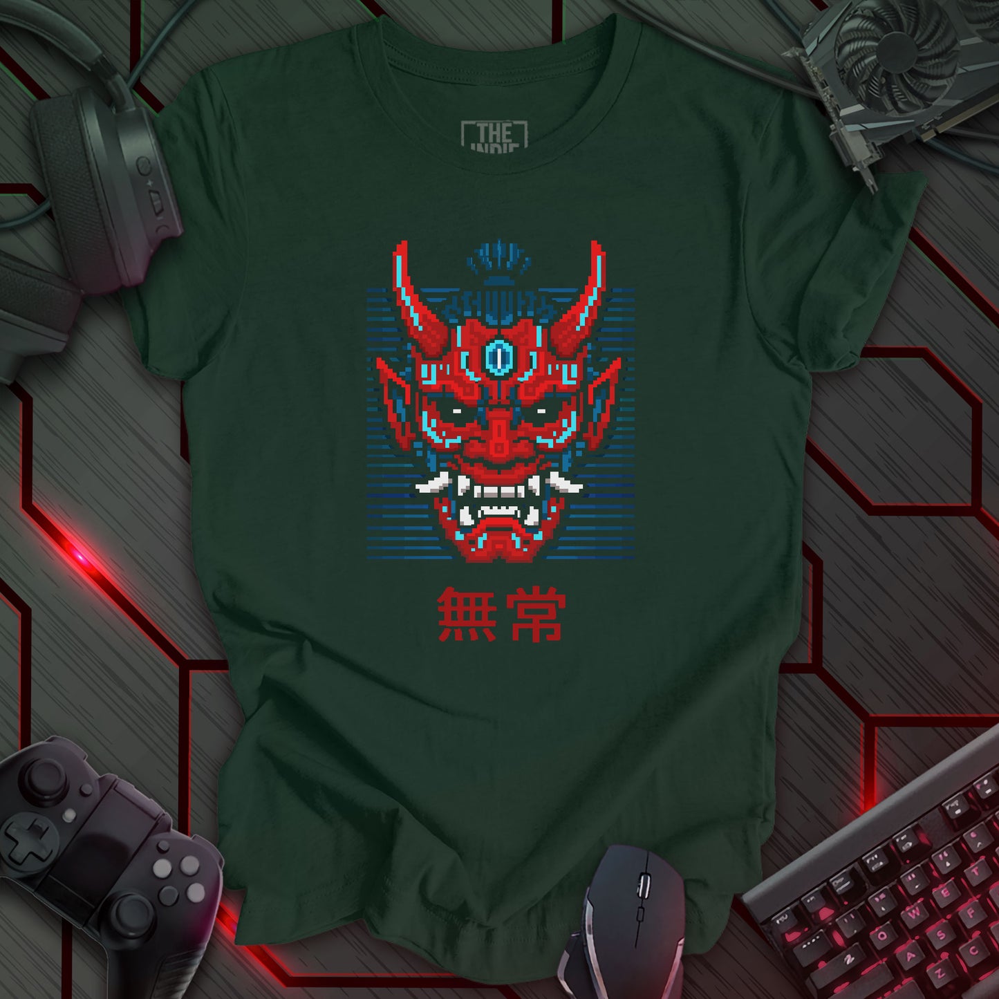 Red and blue cyber oni mask pixel art with glowing eyes – retro gaming forest green t-shirt design inspired by glitch and impermanence