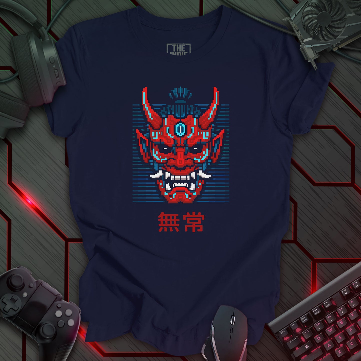 Red and blue cyber oni mask pixel art with glowing eyes – retro gaming navy green t-shirt design inspired by glitch and impermanence