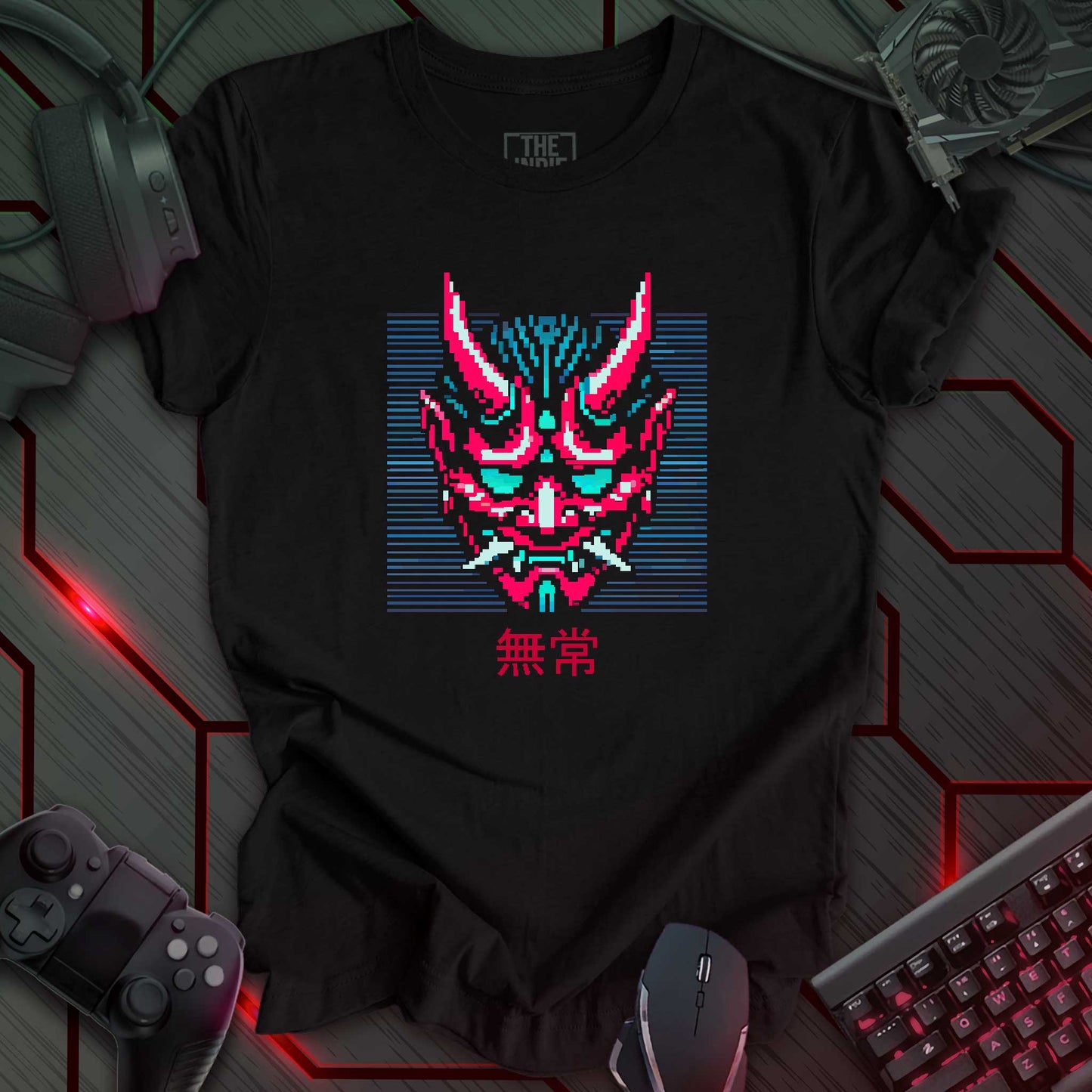 Mujō – Pixel Art Oni Mask | Retro Gaming T-Shirt | Gamer Apparel