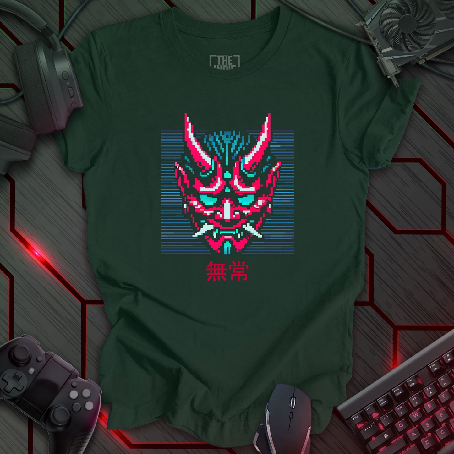 Mujō – Pixel Art Oni Mask | Retro Gaming T-Shirt | Gamer Apparel
