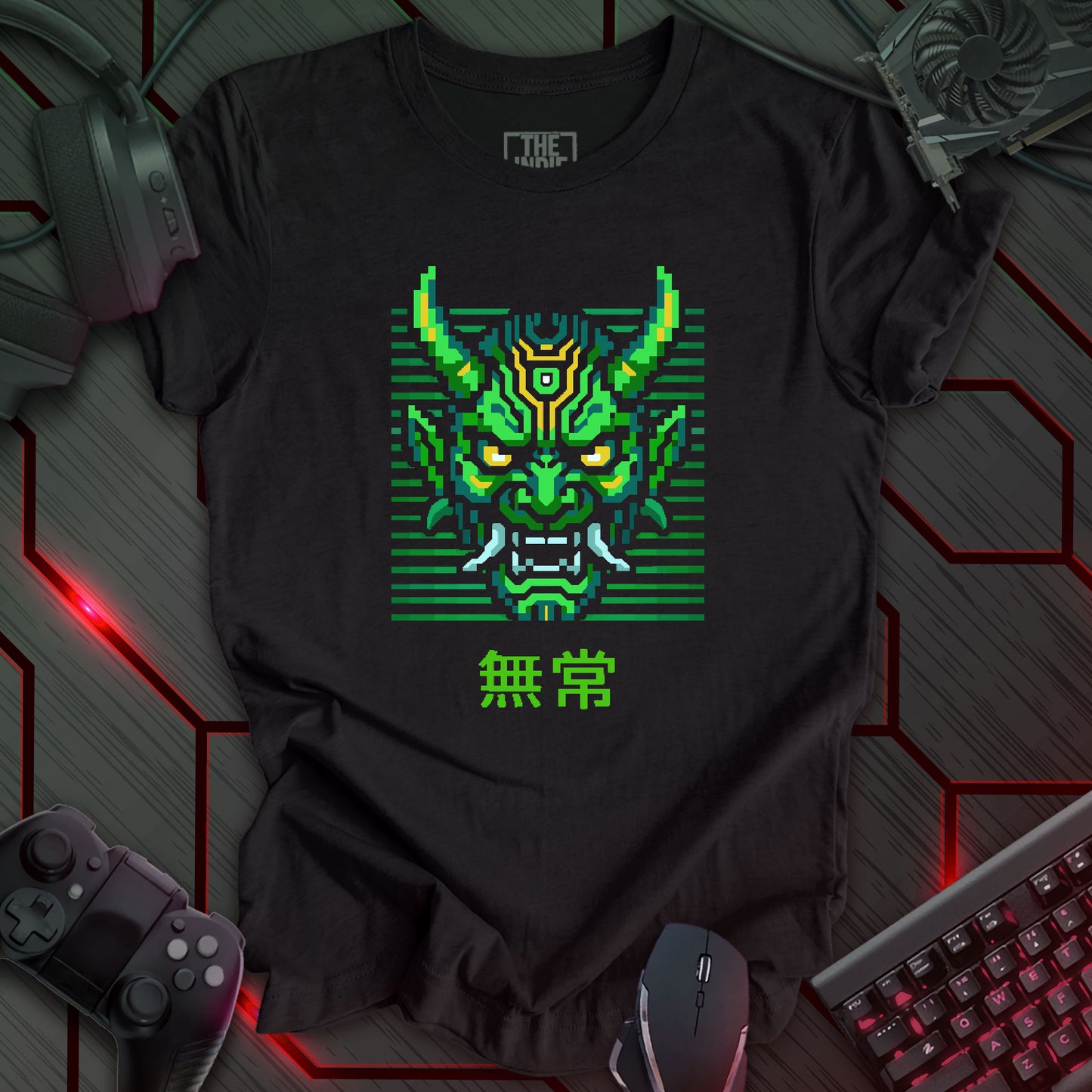 Green and yellow pixel art cyber oni mask with glowing eyes – retro gaming black heather t-shirt with Japanese kanji for impermanence