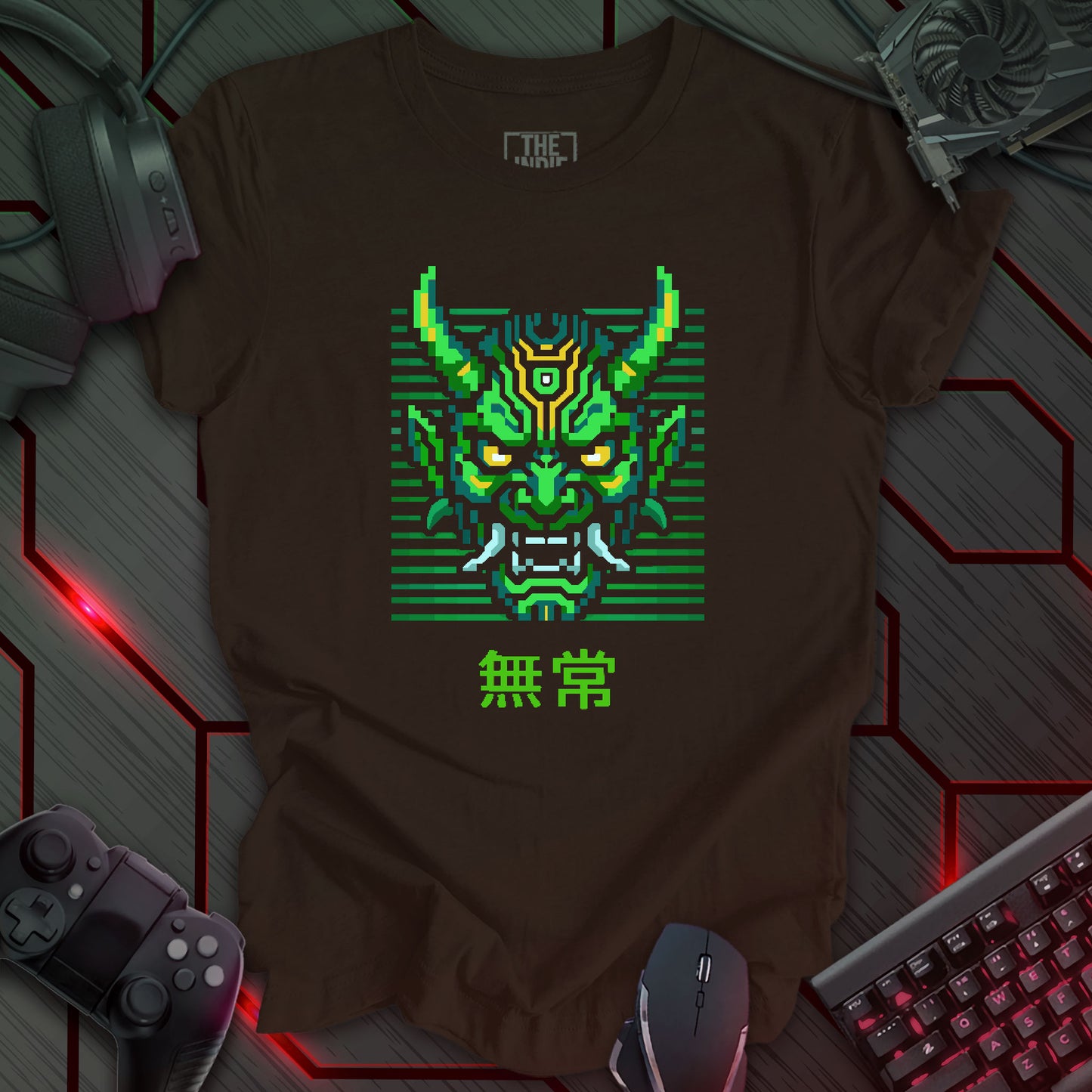 Green and yellow pixel art cyber oni mask with glowing eyes – retro gaming brown t-shirt with Japanese kanji for impermanence