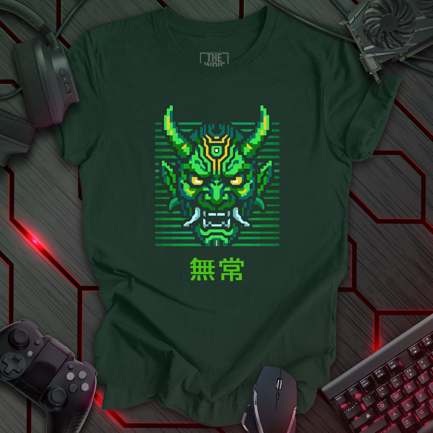 Green and yellow pixel art cyber oni mask with glowing eyes – retro gaming
forest green t-shirt with Japanese kanji for impermanence
