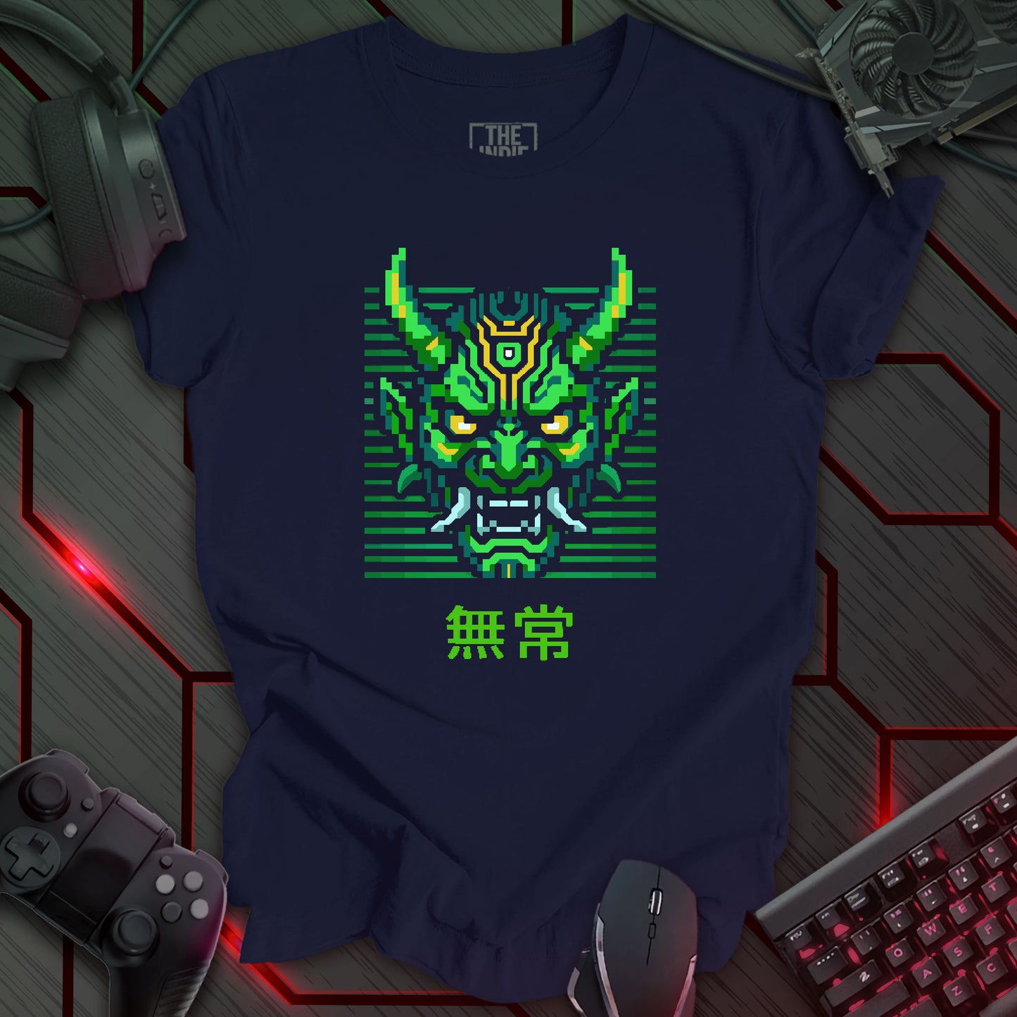 Green and yellow pixel art cyber oni mask with glowing eyes – retro gaming navy color t-shirt with Japanese kanji for impermanence
