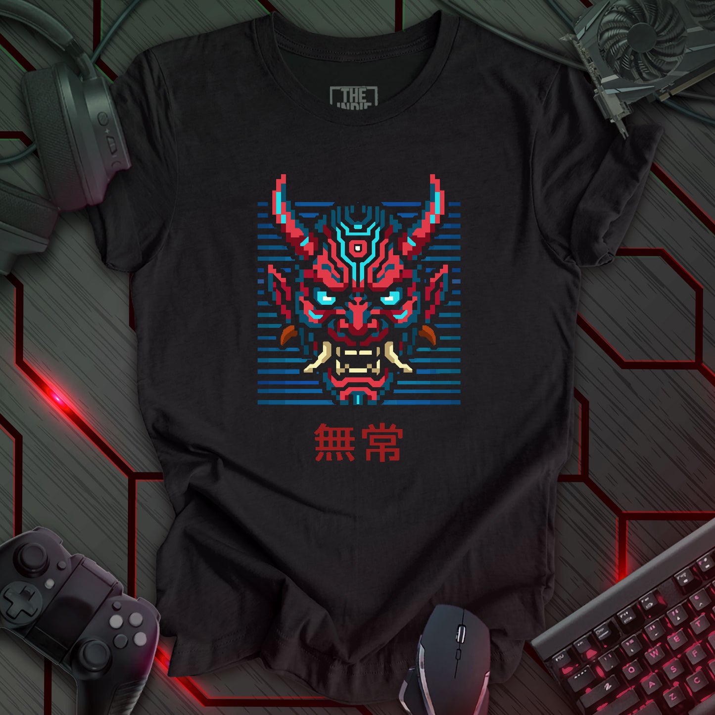 Red and blue pixel art cyber oni mask with glowing eyes – retro gaming black heather t-shirt featuring Japanese kanji for impermanence
