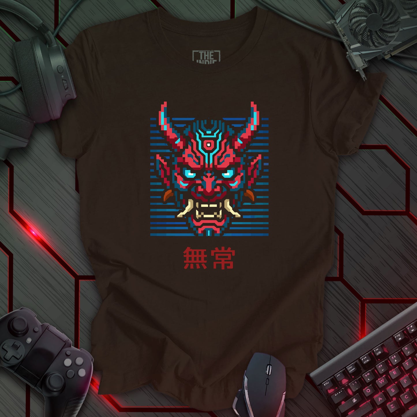 Red and blue pixel art cyber oni mask with glowing eyes – retro gaming brown t-shirt featuring Japanese kanji for impermanence
