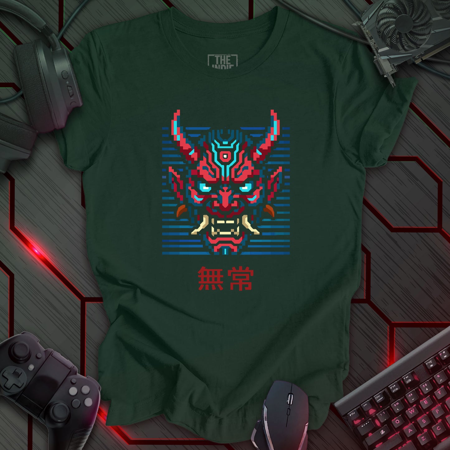 Red and blue pixel art cyber oni mask with glowing eyes – retro gaming forest green t-shirt featuring Japanese kanji for impermanence