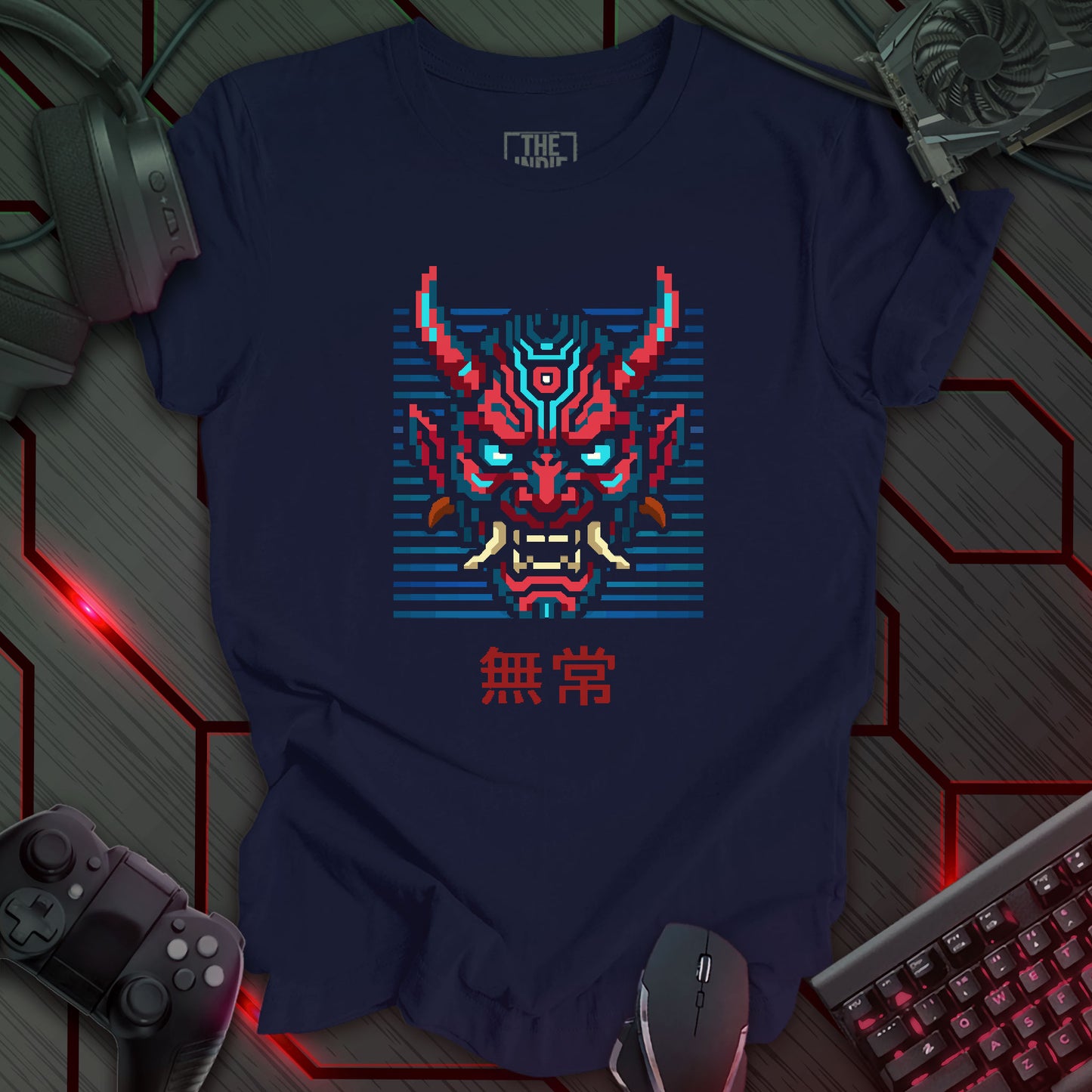 Red and blue pixel art cyber oni mask with glowing eyes – retro gaming navy color t-shirt featuring Japanese kanji for impermanence