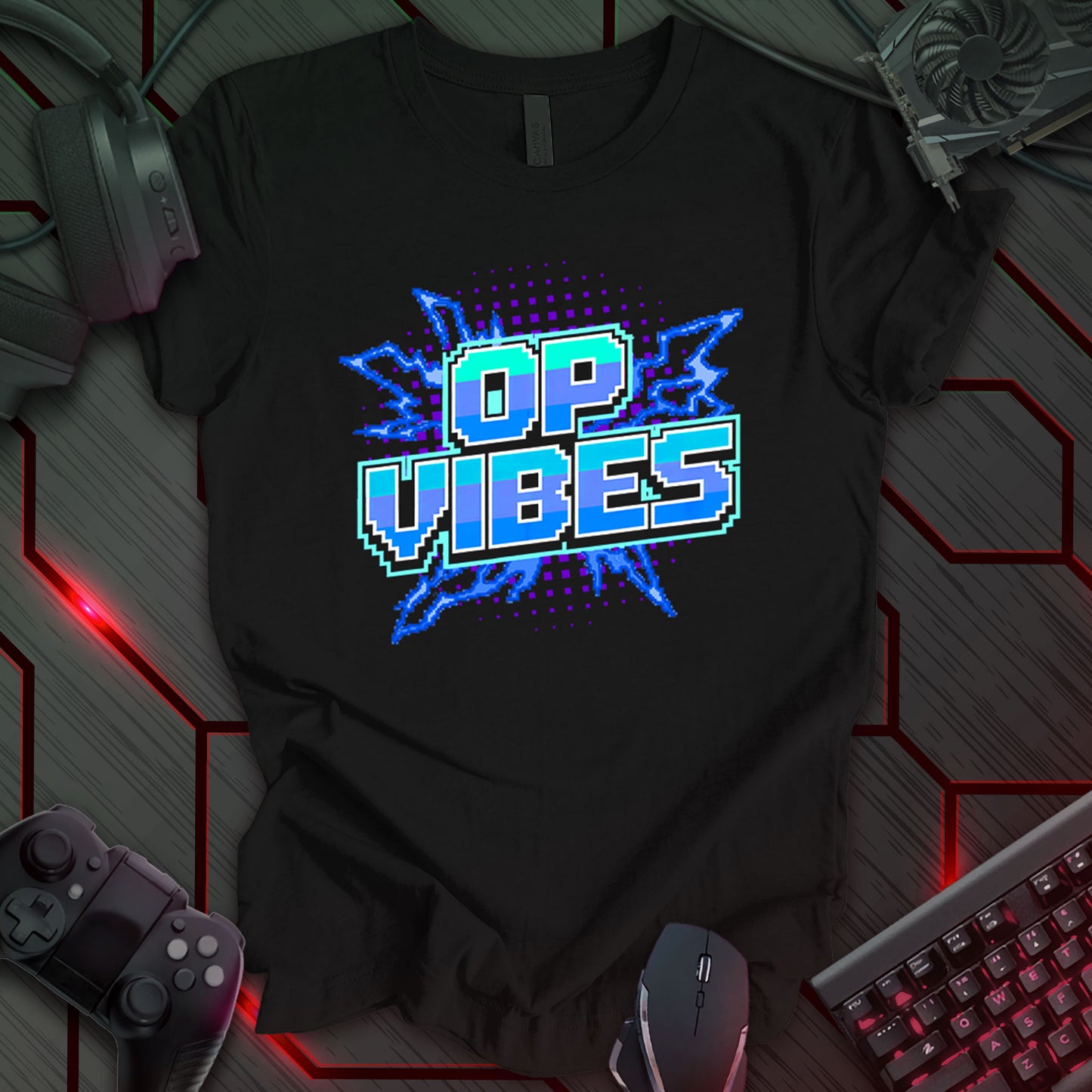 Graphic design featuring the text 'OP VIBES' in a bold, pixelated font, rendered in shades of blue and purple with a white outline. The text is centered against a black background with stylized blue and purple lightning bolt accents and scattered small pixelated squares. This is a design with a retro, pixel art aesthetic.
