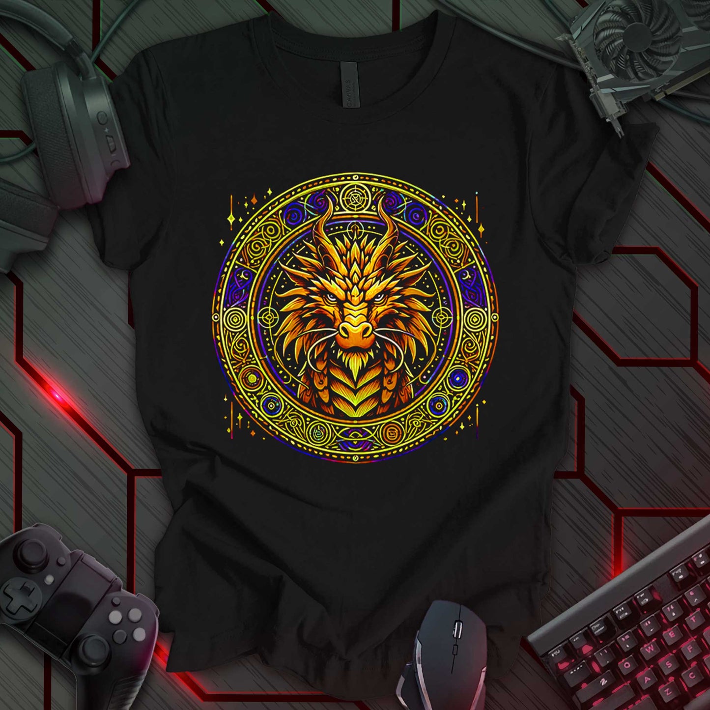 Black gaming t-shirt featuring a regal golden dragon portrait, framed within an intricate circular design of ornate golden patterns accented with deep blue details. A striking fantasy-inspired design perfect for RPG and medieval lore enthusiasts.