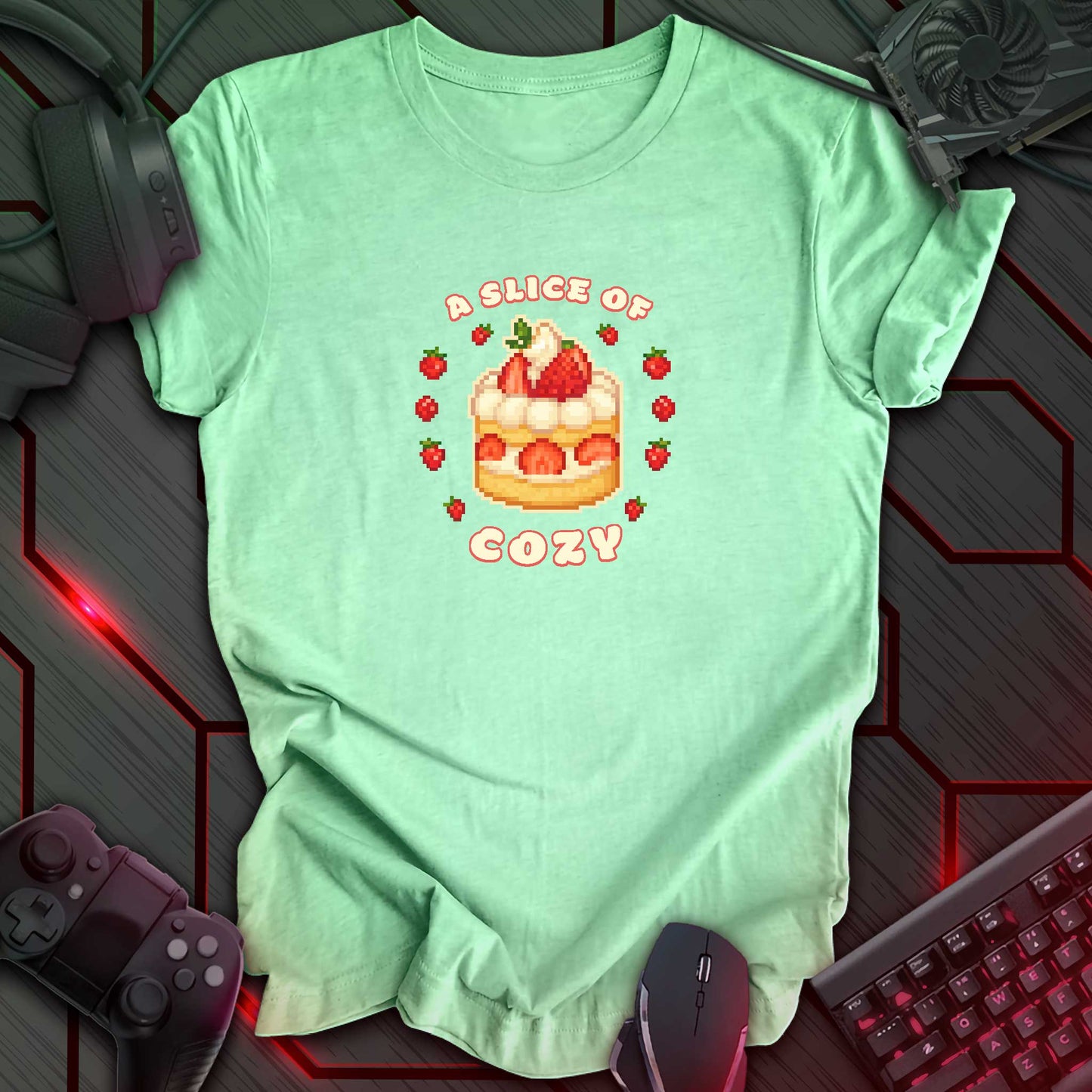 Pixel art strawberry shortcake surrounded by strawberries with text “A Slice of Cozy” in cute cozy gaming style. Heather Mint background.
