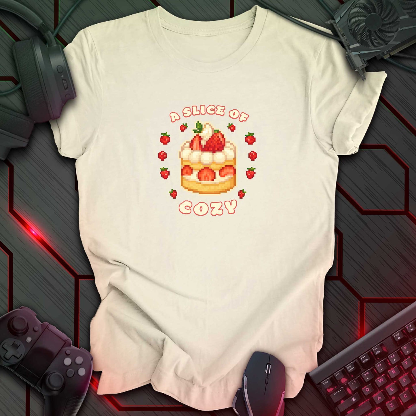 Pixel art strawberry shortcake surrounded by strawberries with text “A Slice of Cozy” in cute cozy gaming style. Natural background.