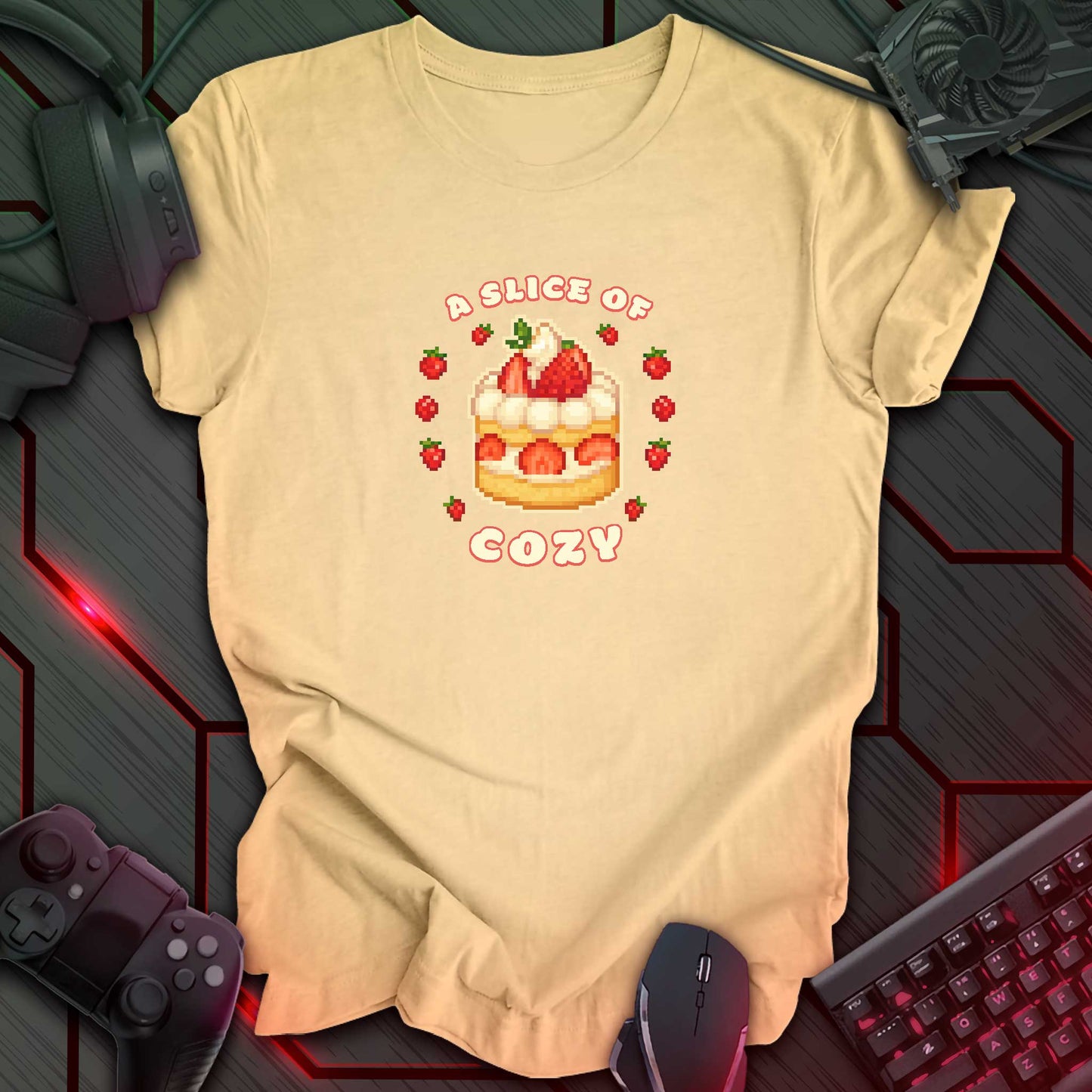 Pixel art strawberry shortcake surrounded by strawberries with text “A Slice of Cozy” in cute cozy gaming style. Soft Cream background.