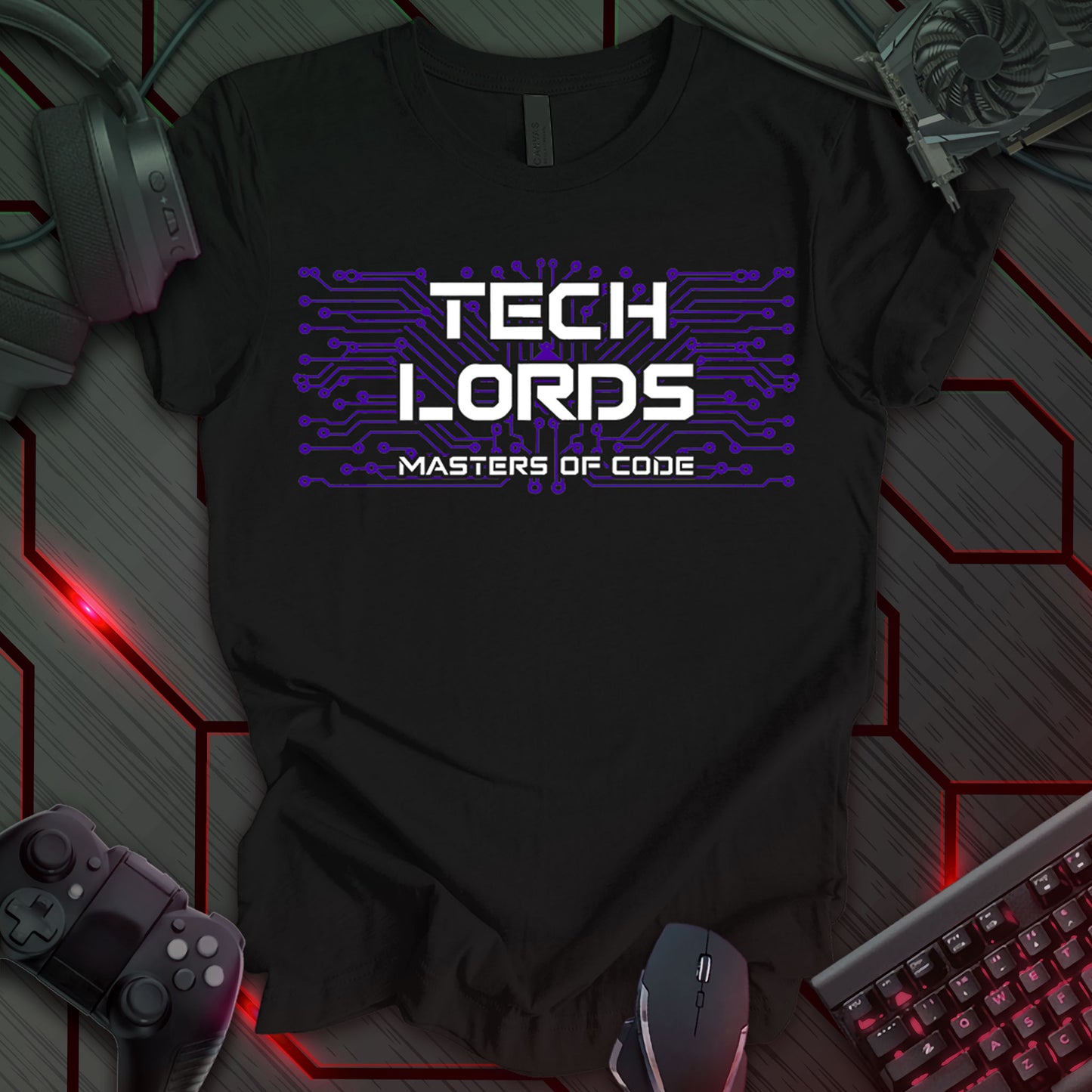 T-shirt design with purple circuit board graphic on black background. Bold white text "TECH LORDS" and "MASTERS OF CODE." Ideal for programmers, developers, and coders. Tech humor t-shirt, geek gift, computer science apparel. Keywords: coding t-shirt, programmer gift, software engineer shirt, developer tee, techie clothing, computer geek fashion.