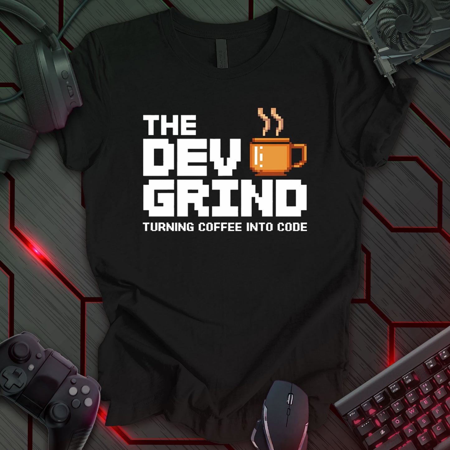 This t-shirt, designed for programmers and indie game developers, features pixelated text 'THE DEV GRIND' and 'TURNING COFFEE INTO CODE' on a black background, with a pixel art coffee mug graphic. It's a humorous design that resonates with the daily life of coders and software engineers who rely on caffeine.