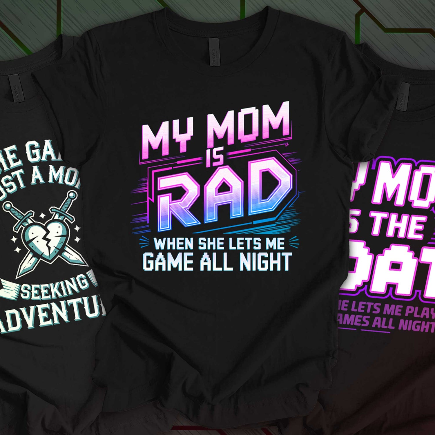 Three black gamer mom t-shirts with neon and fantasy designs, perfect for gaming families and Mother's Day gifting.