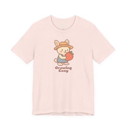 Growing Cozy Pixel Art Farmer Bunny with Strawberry | Gaming T-Shirt