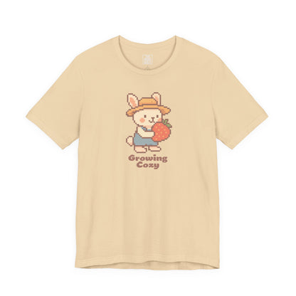 Growing Cozy Pixel Art Farmer Bunny with Strawberry | Gaming T-Shirt