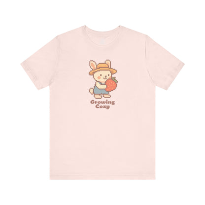 Growing Cozy Pixel Art Farmer Bunny with Strawberry | Gaming T-Shirt