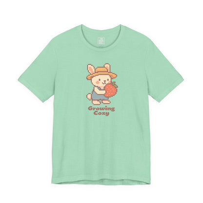 Growing Cozy Pixel Art Farmer Bunny with Strawberry | Gaming T-Shirt