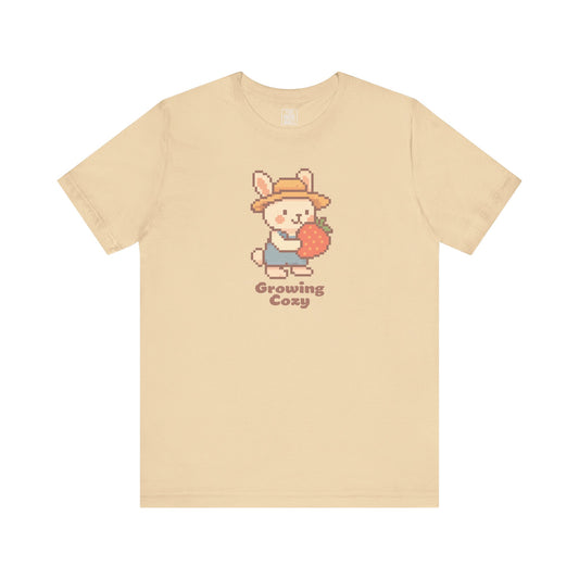Growing Cozy Pixel Art Farmer Bunny with Strawberry | Gaming T-Shirt
