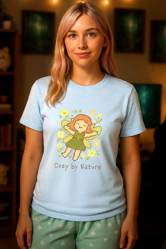 Young woman wearing a light blue t-shirt with a chest print of a Pixel art fairy floating with leafy wings among yellow flowers, eyes closed, above the text "Cozy by Nature" in cozy kawaii style. The background is a cozy themed room slightly out of focus.