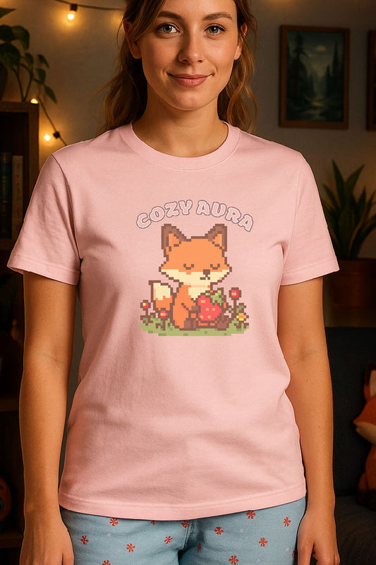 Pixel art fox holding a strawberry with closed eyes, surrounded by flowers and text "Cozy Aura" above, in kawaii cozy gamer style. Soft Pink color t-shirt.